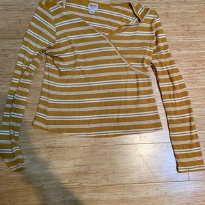 yellow and white striped cross neck long sleeve